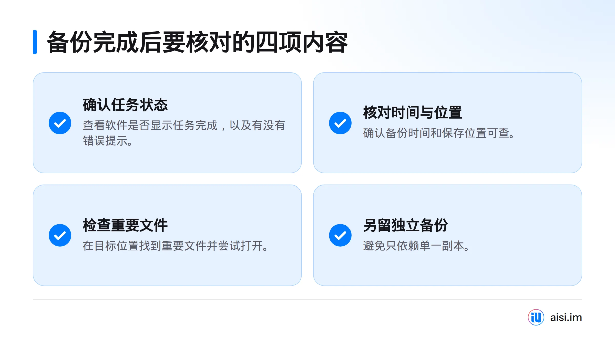 备份后应确认任务状态、备份时间与位置、重要文件可打开，并另留一份独立备份。