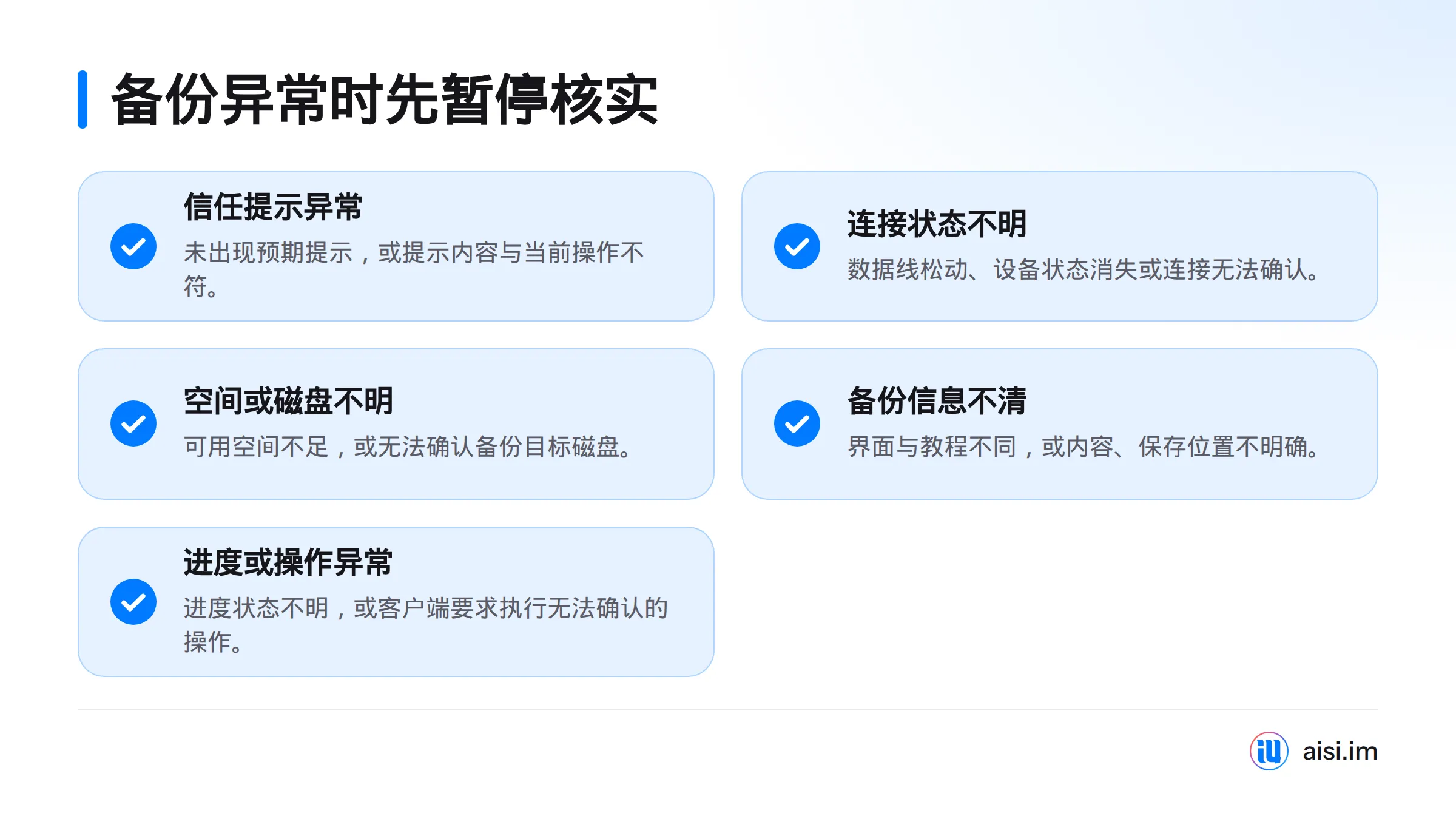 核对清单列出五种应暂停的情况，包括信任提示异常、连接不稳、空间不足、界面信息不清和进度状态异常。
