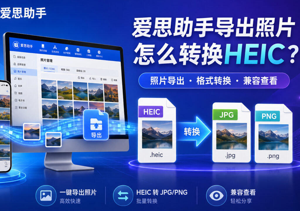爱思助手导出照片并将HEIC转换为JPG或PNG的宣传图，展示照片管理界面、导出按钮和格式转换流程