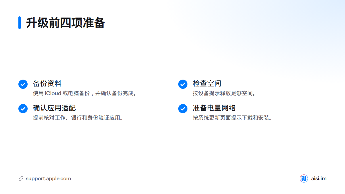升级前检查资料备份、可用空间、常用应用适配情况，以及电量和网络。