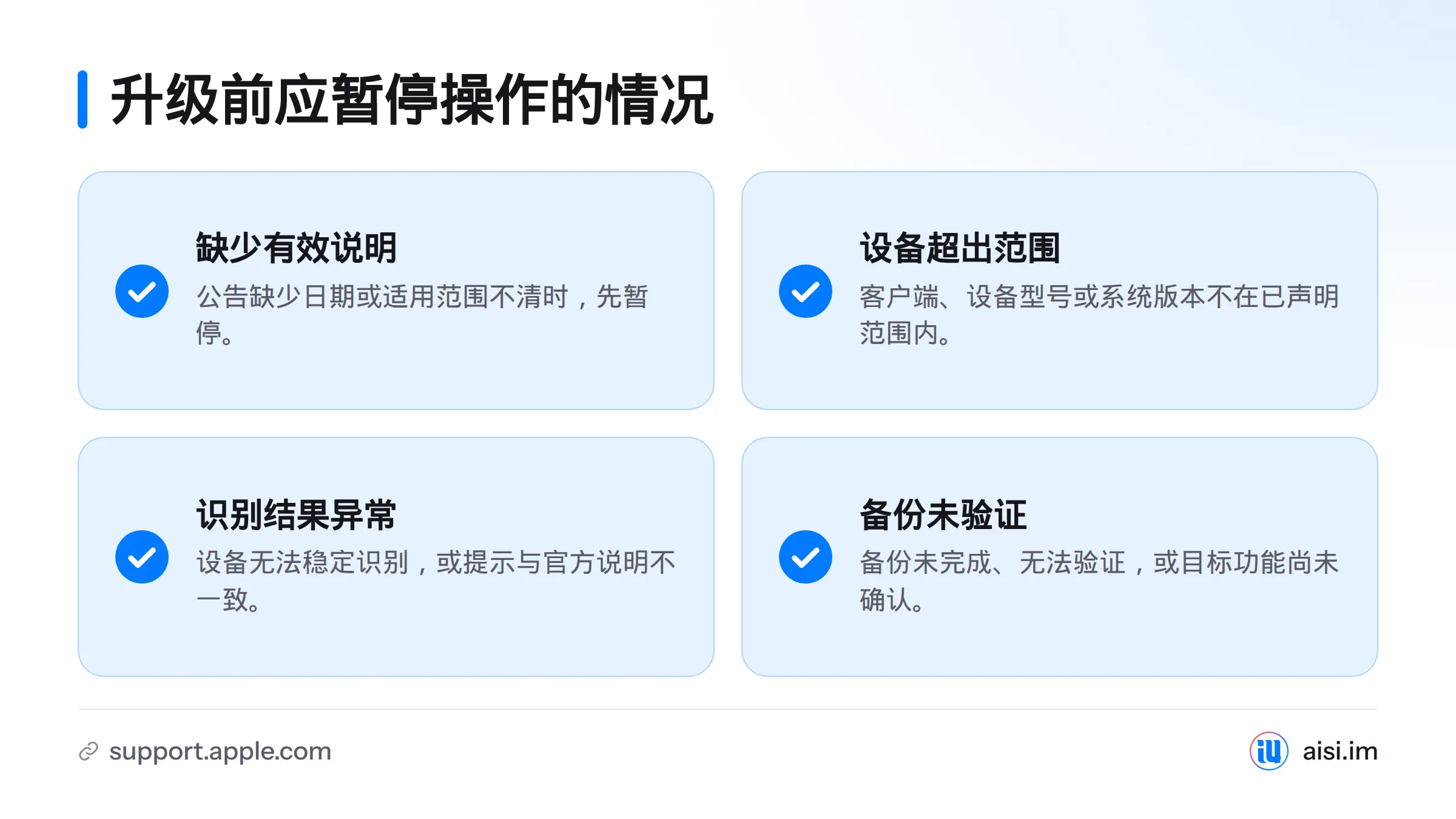 缺少有效说明、设备或版本超出公告范围、识别异常以及备份未验证时，应暂停升级或刷机。
